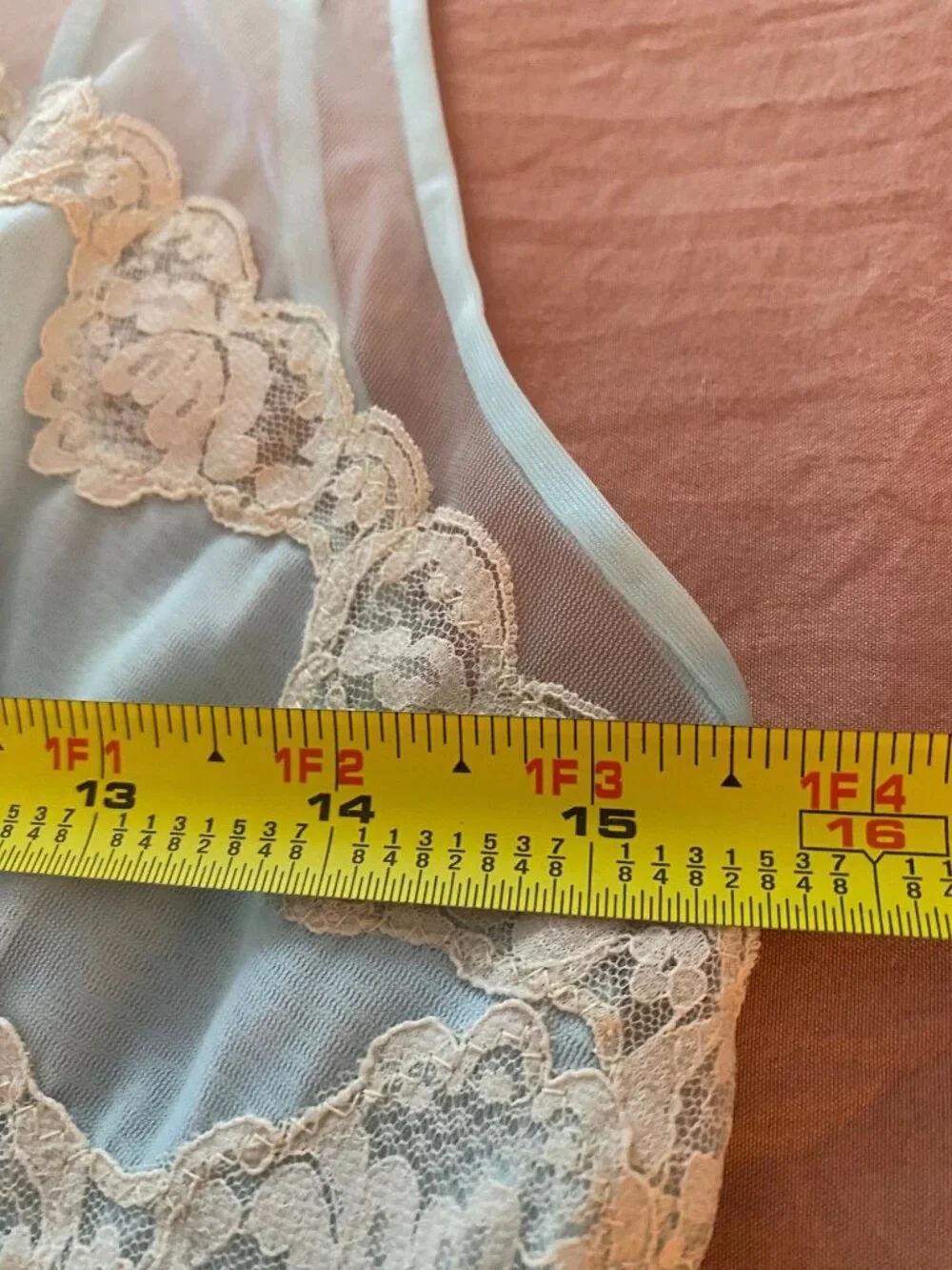 Vintage Evette Nightgown, Pale Aqua with Lace Trim, Size Small, Made in USA